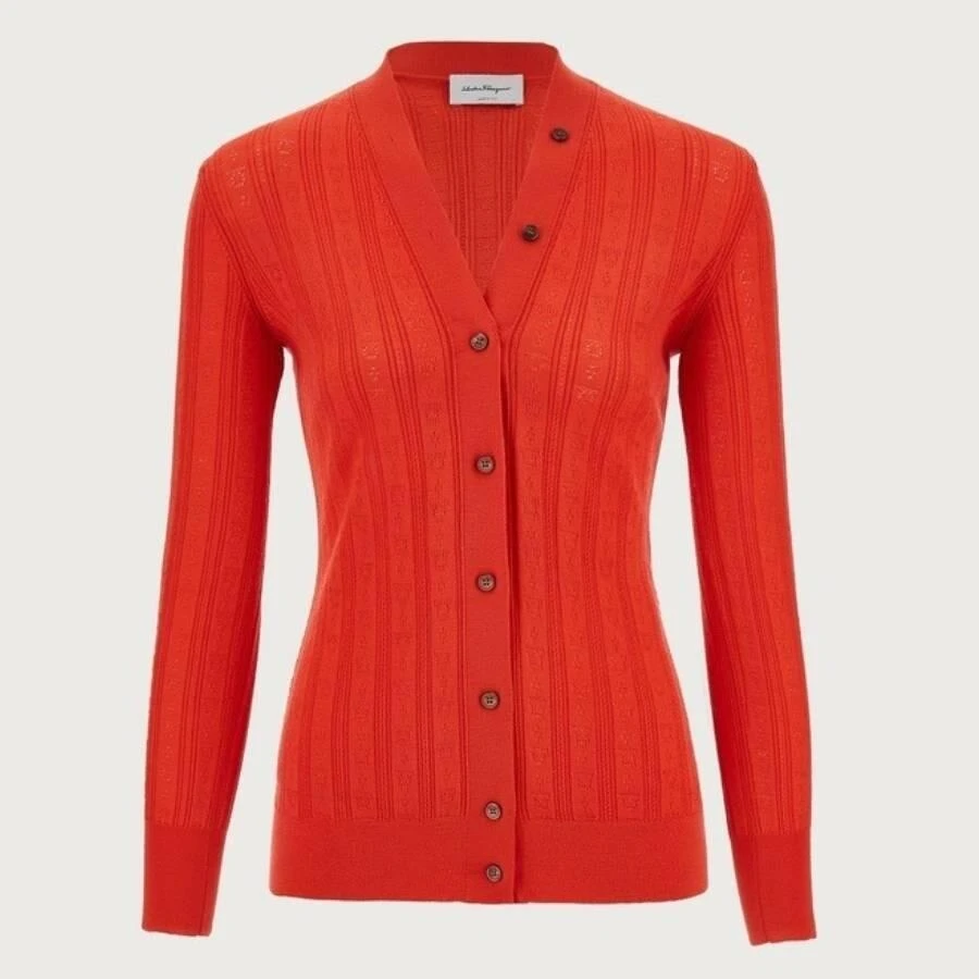 Salvatore Ferragamo Ferragamo Gancini A-Jour Wool Cardigan, Size Large