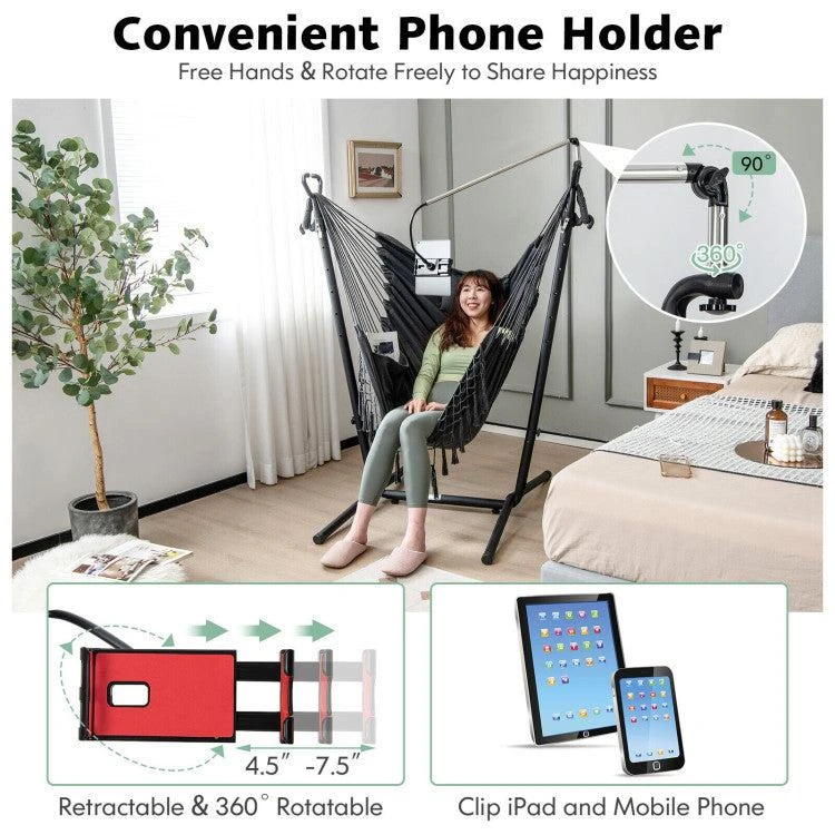 Hivvago Height Adjustable Hammock Chair with Phone Holder and Side Pocket-Gray 5