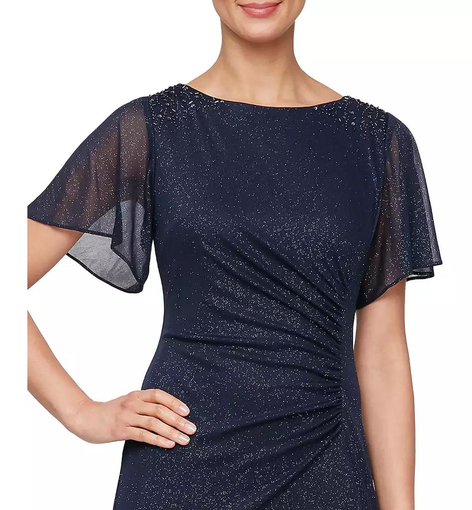 SL Fashions Petite Flutter-Sleeve Embellished Glitter Gown