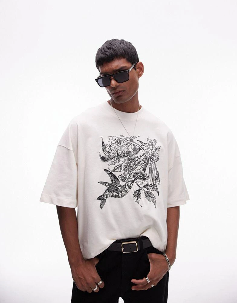 Topman Topman premium extreme oversized fit t-shirt with humming bird embroidery in ecru 4