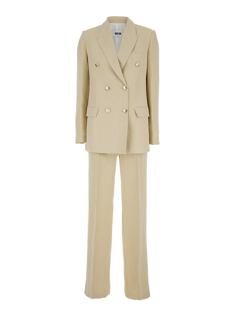 MAURO GRIFONI Beige Double-breasted Suit With Notched Revers In Viscose And Linen Blend Woman