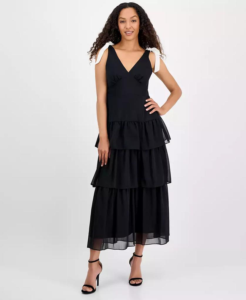 julia jordan Women's V-Neck Tiered-Ruffle-Trim Chiffon Dress
