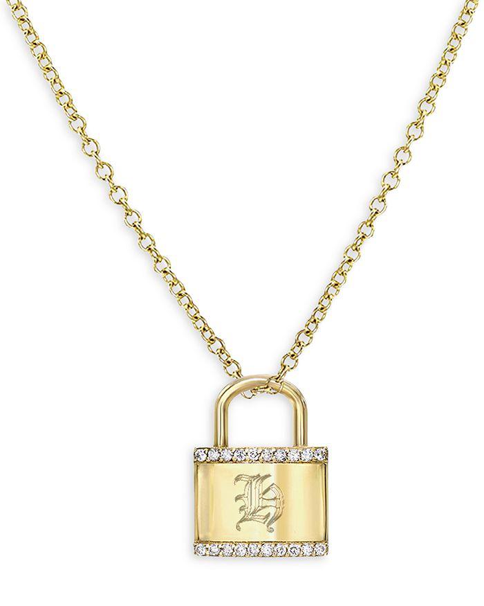 Zoe Lev 14K Gold Diamond Engraved Initial Lock Pendant Necklace, 16"-18"