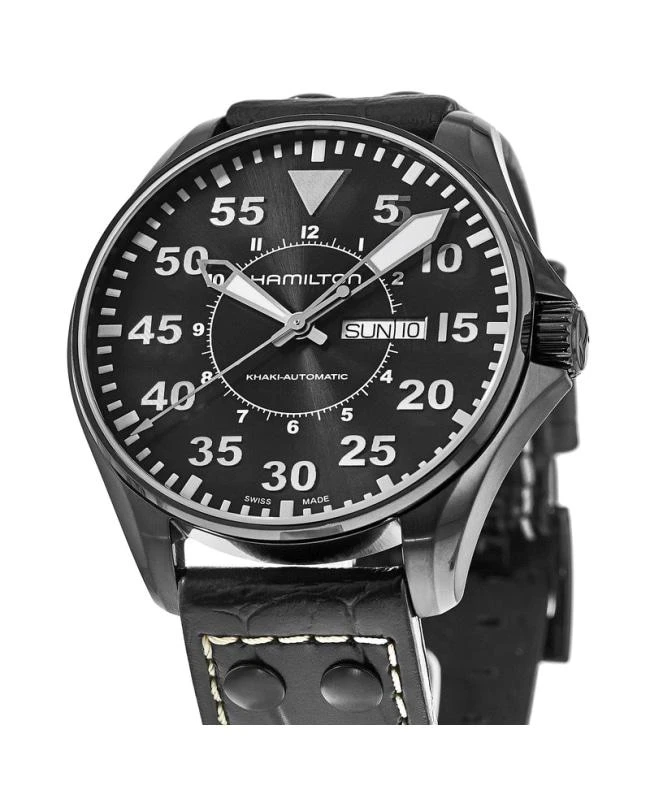 Hamilton Hamilton Khaki Aviation Pilot Day Date Auto Black Dial Leather Strap Men's Watch H64785835 2
