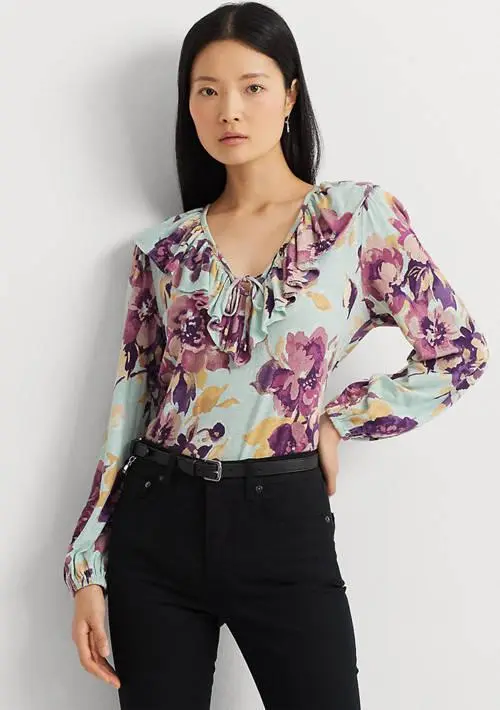 Ralph Lauren Petite Floral Ruffle Trim Jersey Tie Neck Top 1