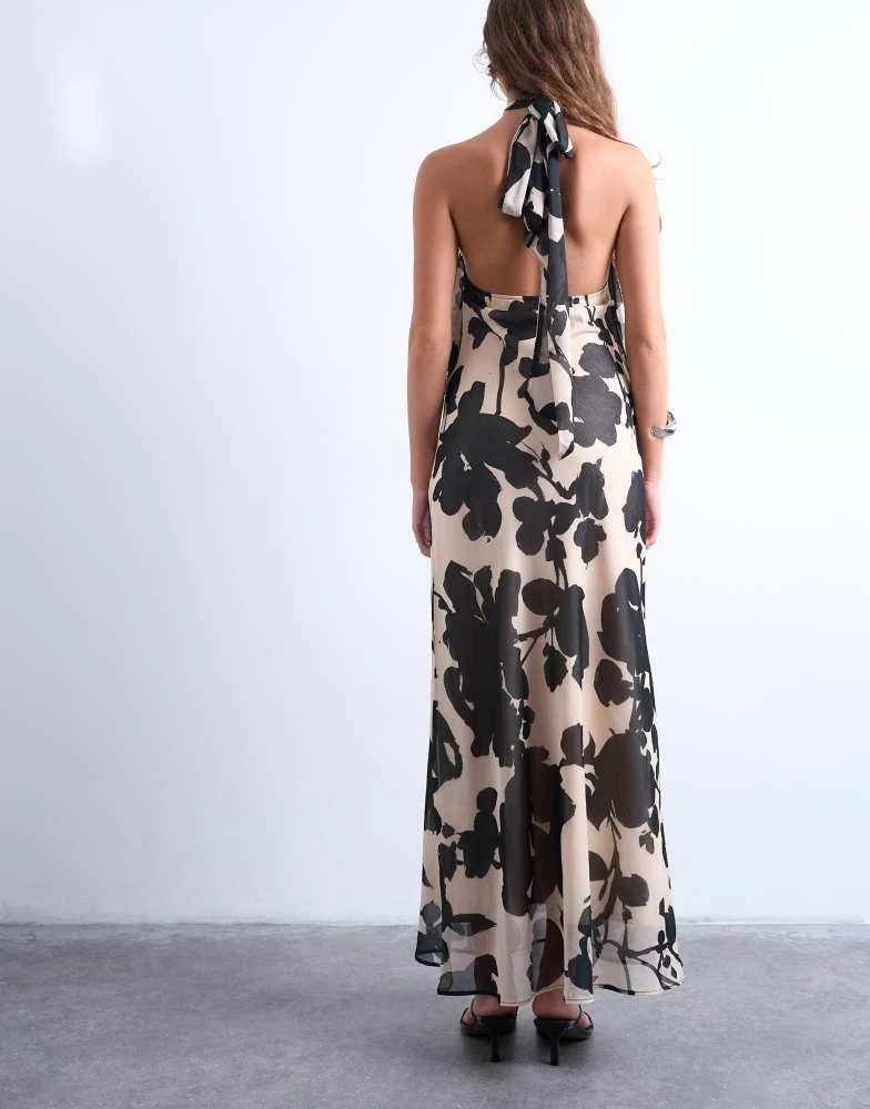 Topshop Topshop halter layer chiffon dress in black and white floral 3