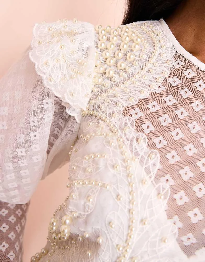 ASOS Luxe ASOS LUXE pearl embellished lace mini dress with puff sleeves in white 2