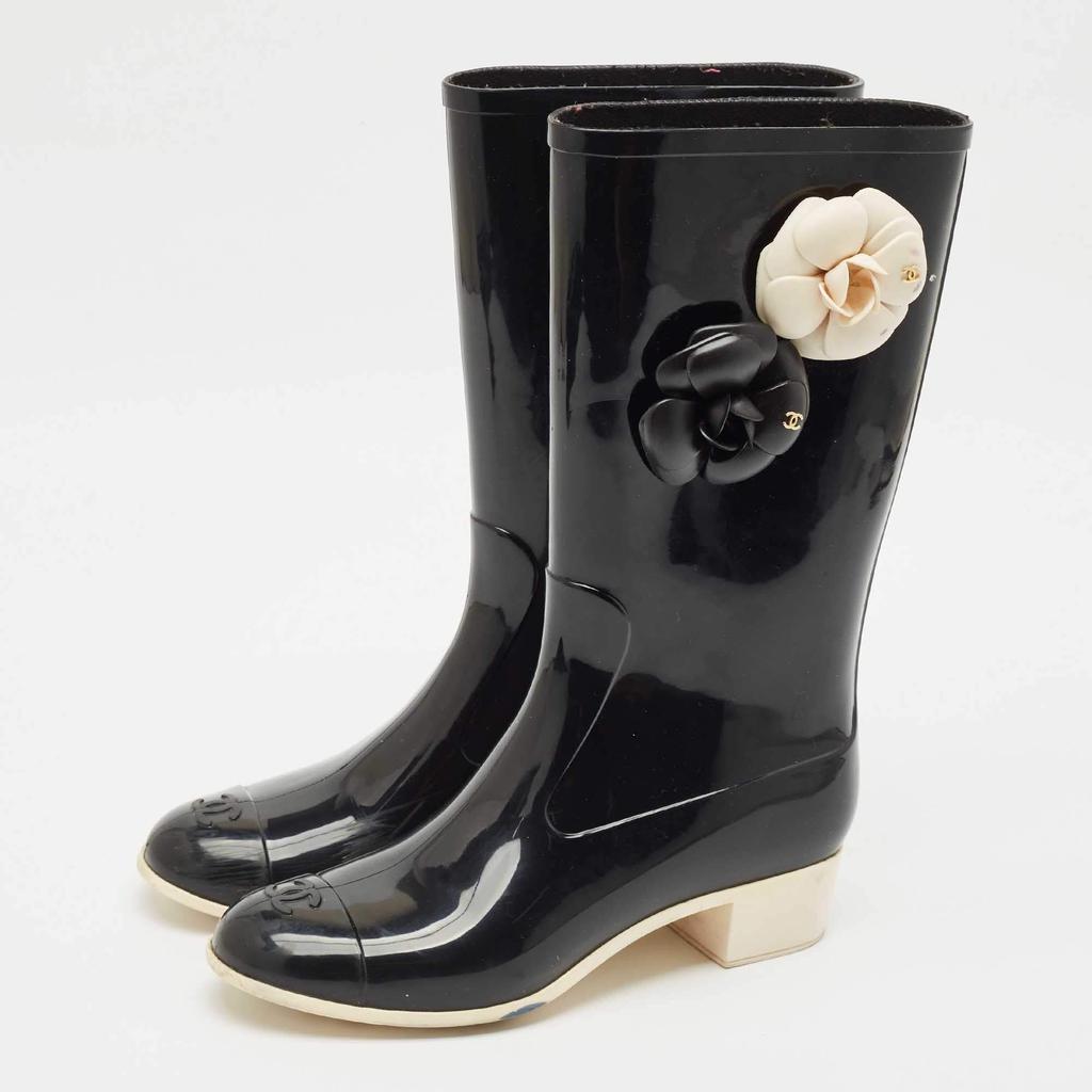 Chanel Chanel Black Rubber Camellia Embellished CC Rain Boots Size 39