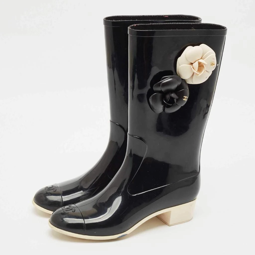 Chanel Chanel Black Rubber Camellia Embellished CC Rain Boots Size 39 2