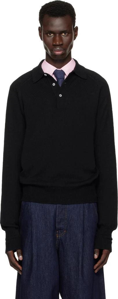 Drake's Black Merino Wool Knitted Polo 1