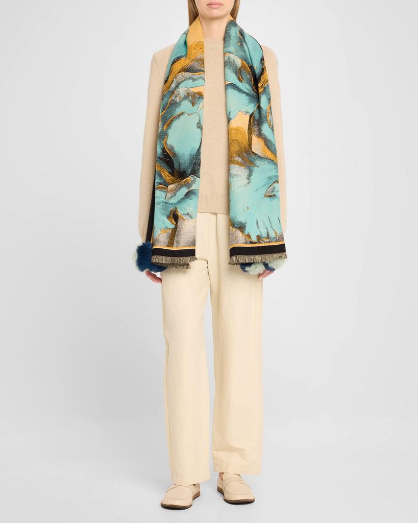 La Fiorentina Floral-Print Scarf W/ Faux Fur Poms
