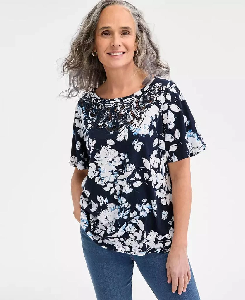 Style & Co Women's Printed Short-Sleeve Embroidered Top, Exclusively at Macy's 1