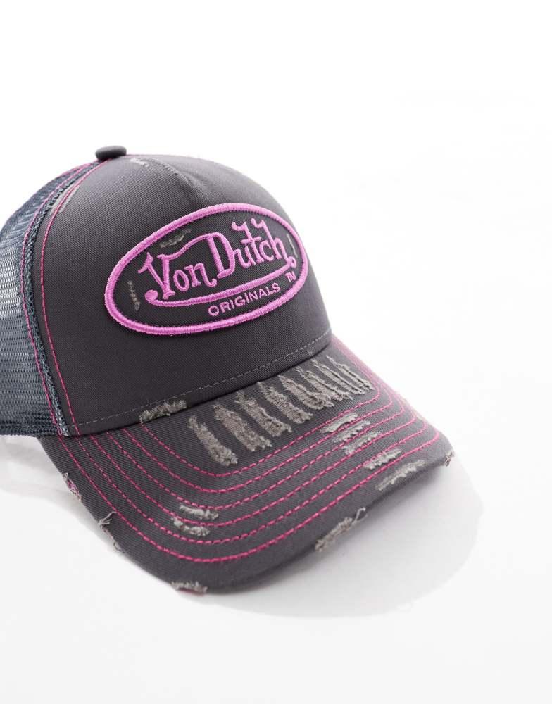 Von Dutch Von Dutch Kiruna distressed trucker cap in grey and pink