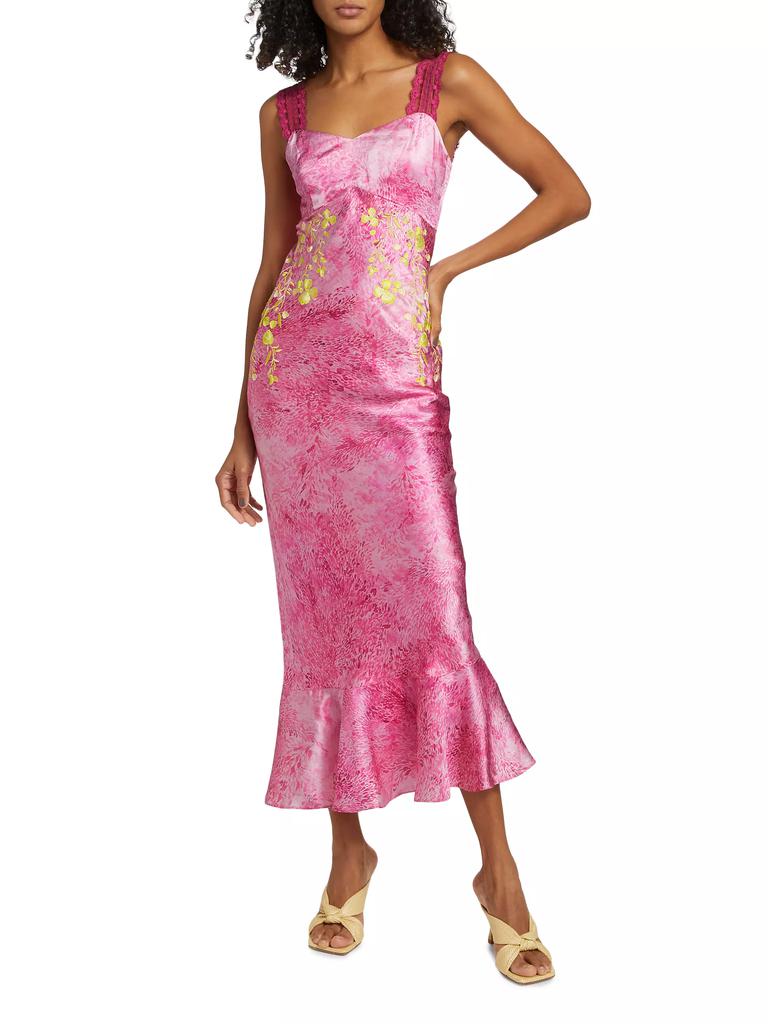 Saloni Mimi-C Embroidered Silk Satin Slipdress