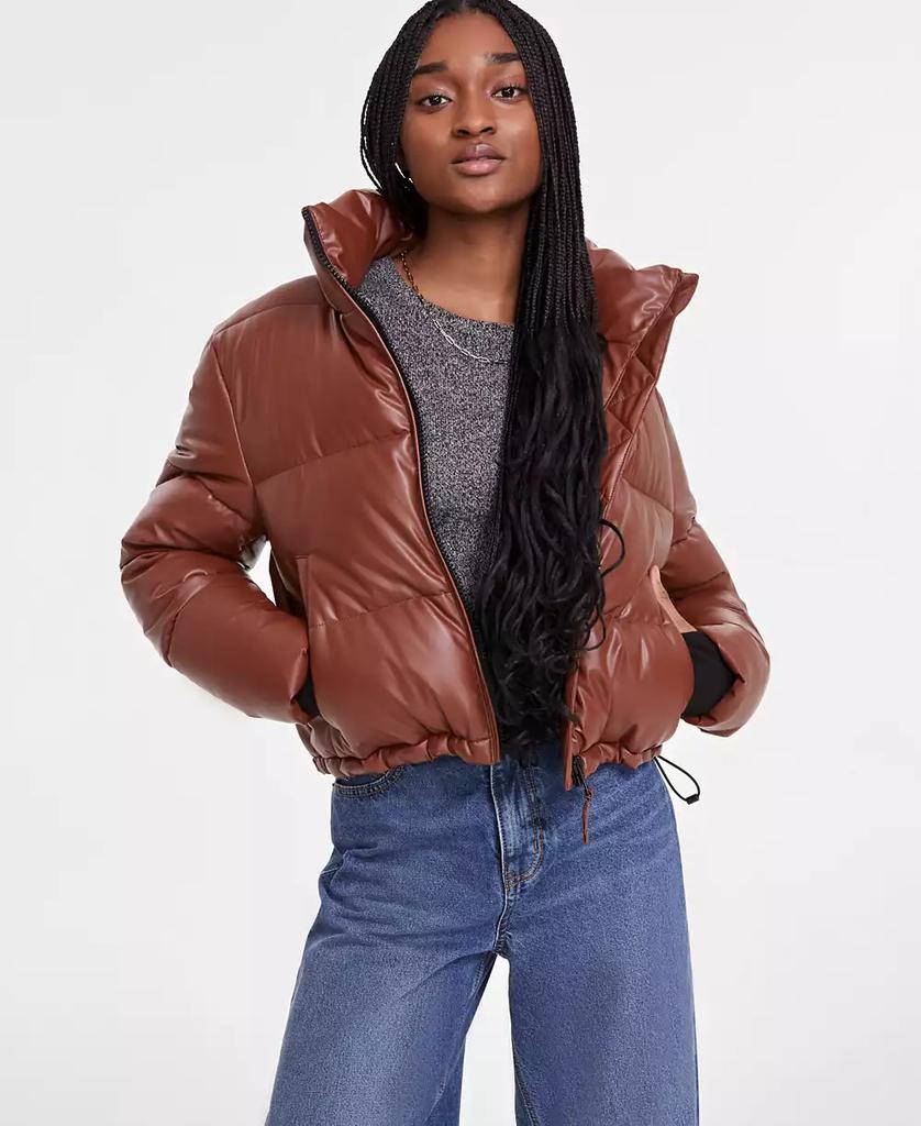 Women's Cropped Zip-Front Faux-Leather Puffer Coat – On Sale Now