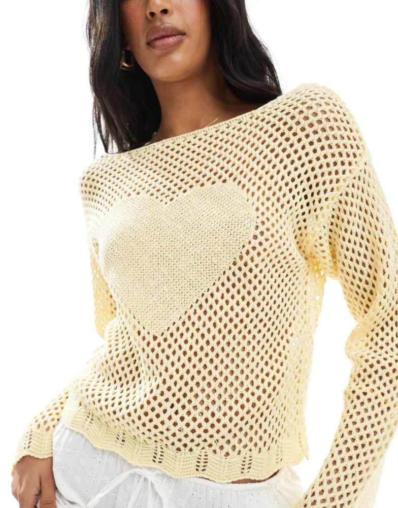 Miss Selfridge Miss Selfridge crochet heart tie back jumper in butter yellow 3