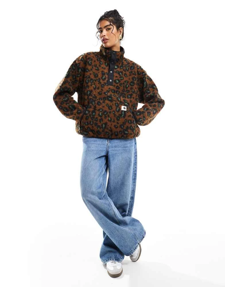 Carhartt WIP Carhartt WIP elliot half zip sherpa leopard jacket in brown 2