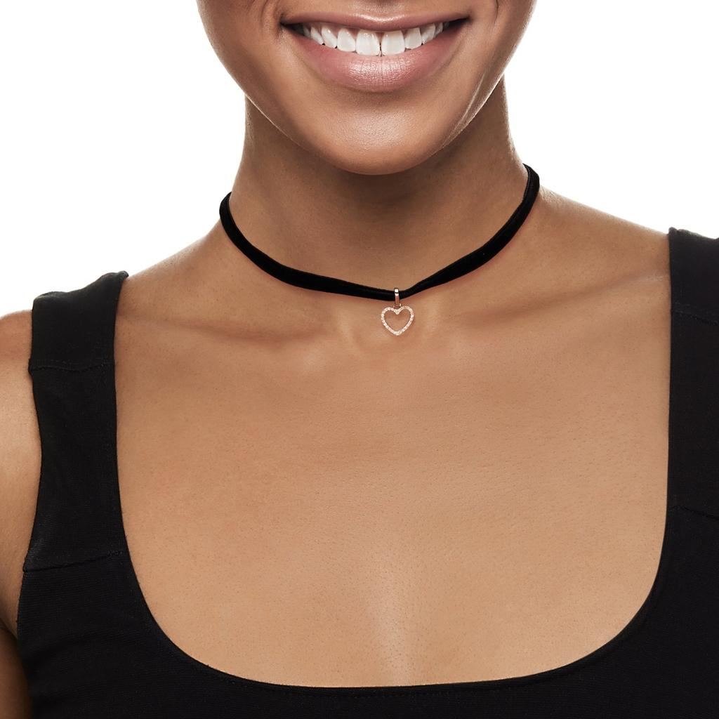 Ross-Simons Ross-Simons Diamond Heart Choker Necklace With Sterling Silver and Black Velvet Cord