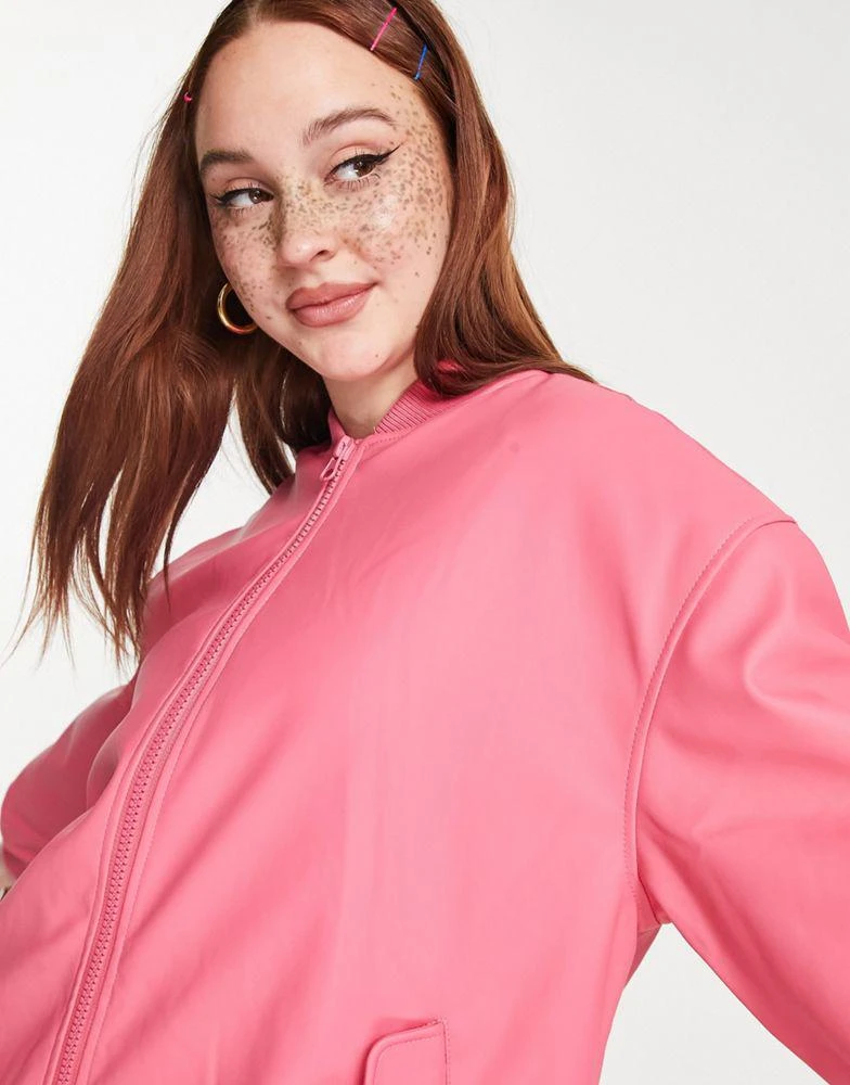 Stradivarius Stradivarius STR oversized faux leather bomber jacket in hot pink 3