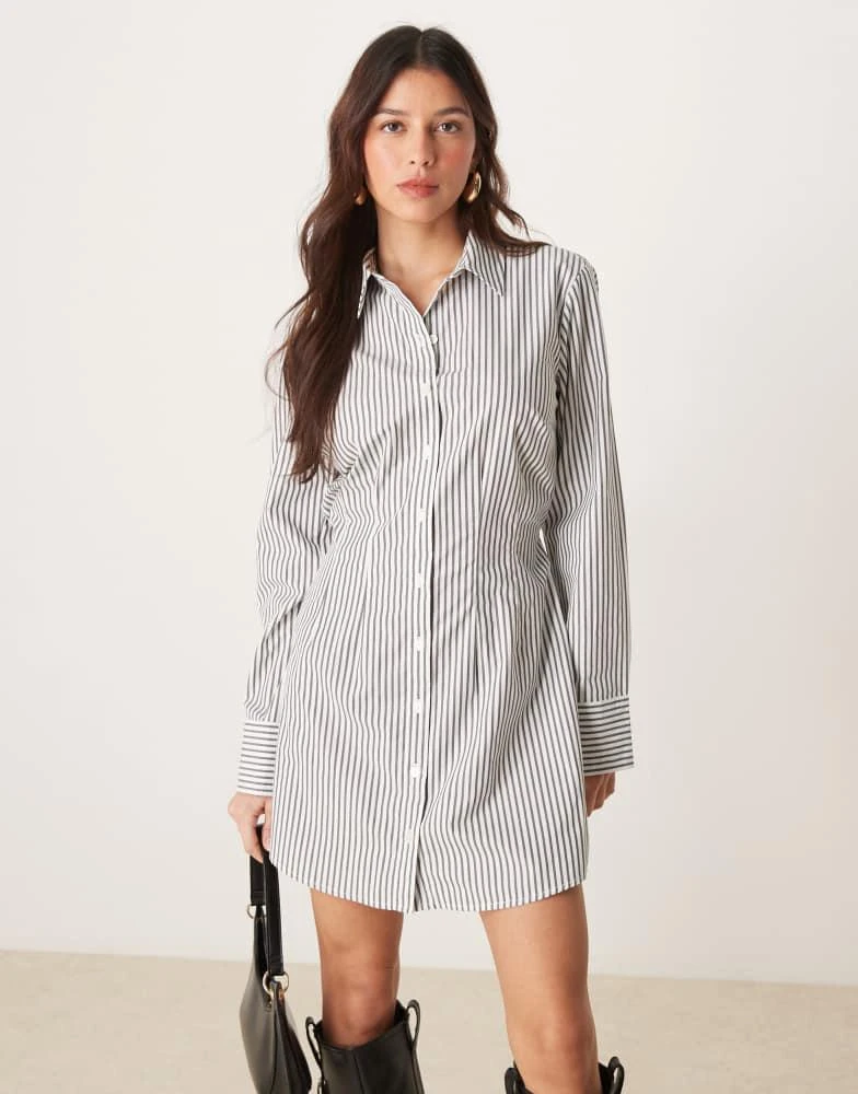 Abercrombie & Fitch Abercrombie & Fitch long sleeve fitted mini shirt dress in black stripe 2