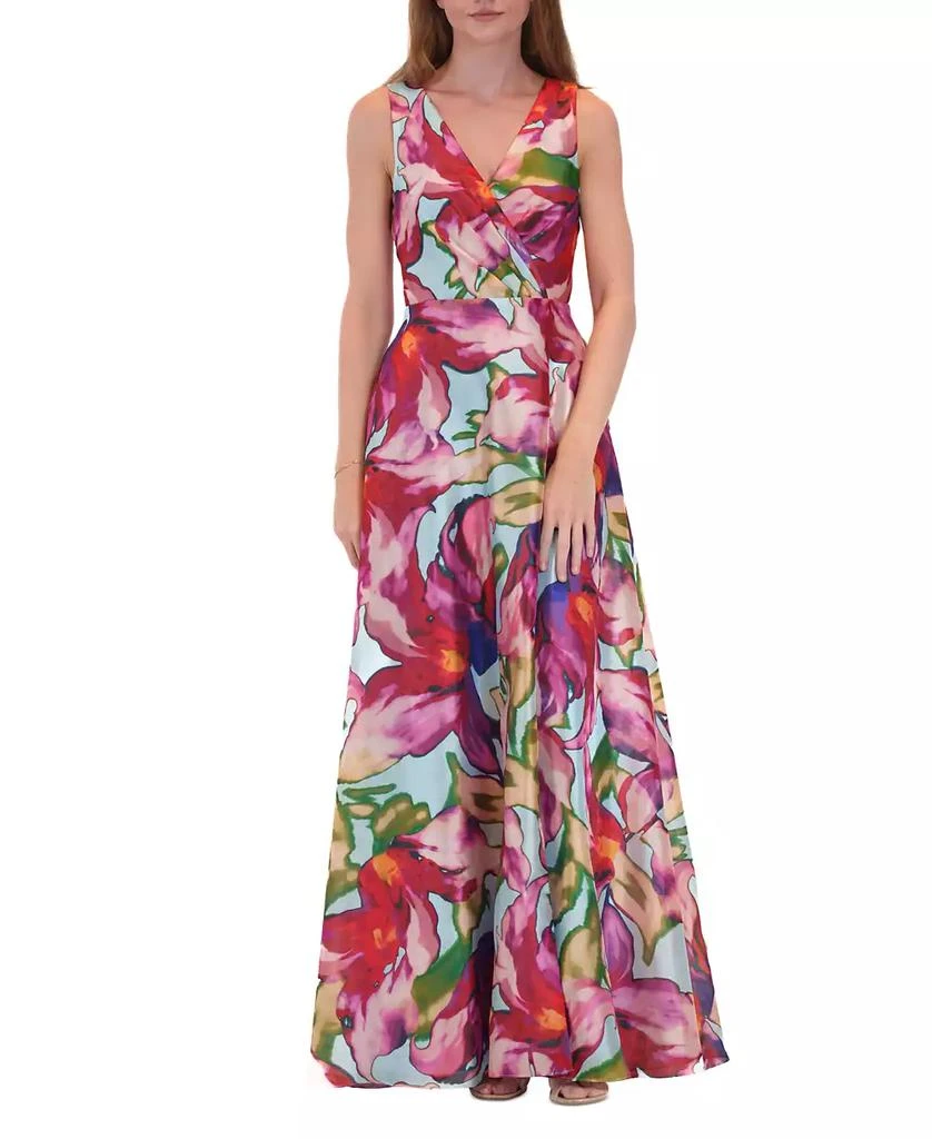 julia jordan Women's Printed V-Neck Sleeveless Organza Gown 1