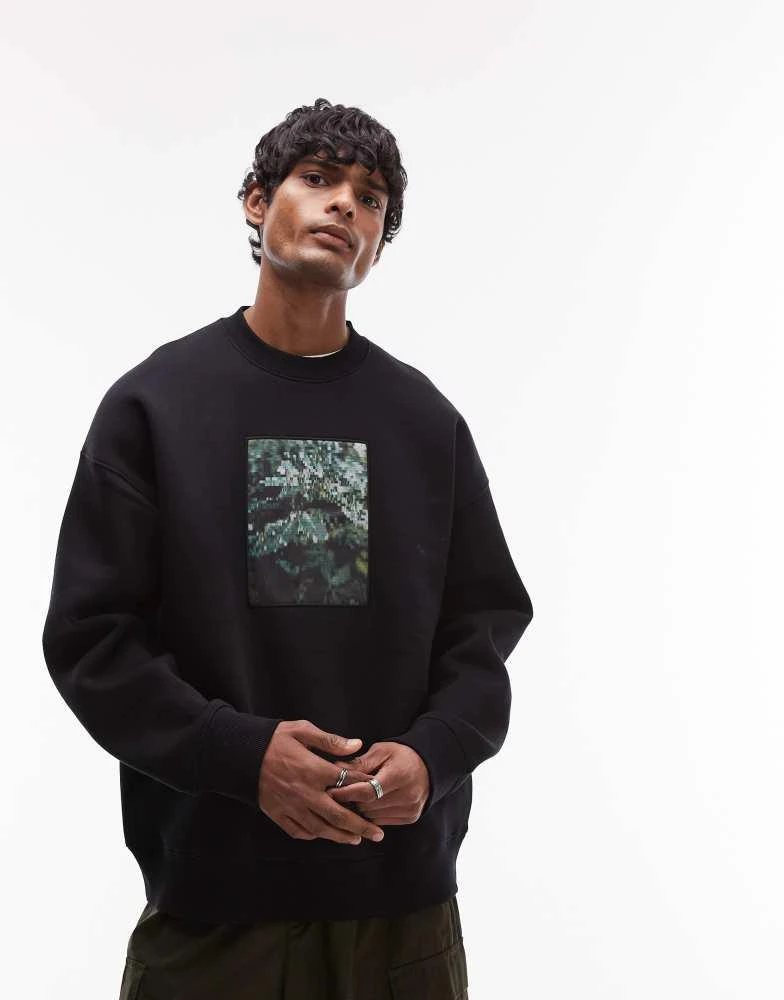 Topman Topman oversized fit sweatshirt with leaves patch print in black 1