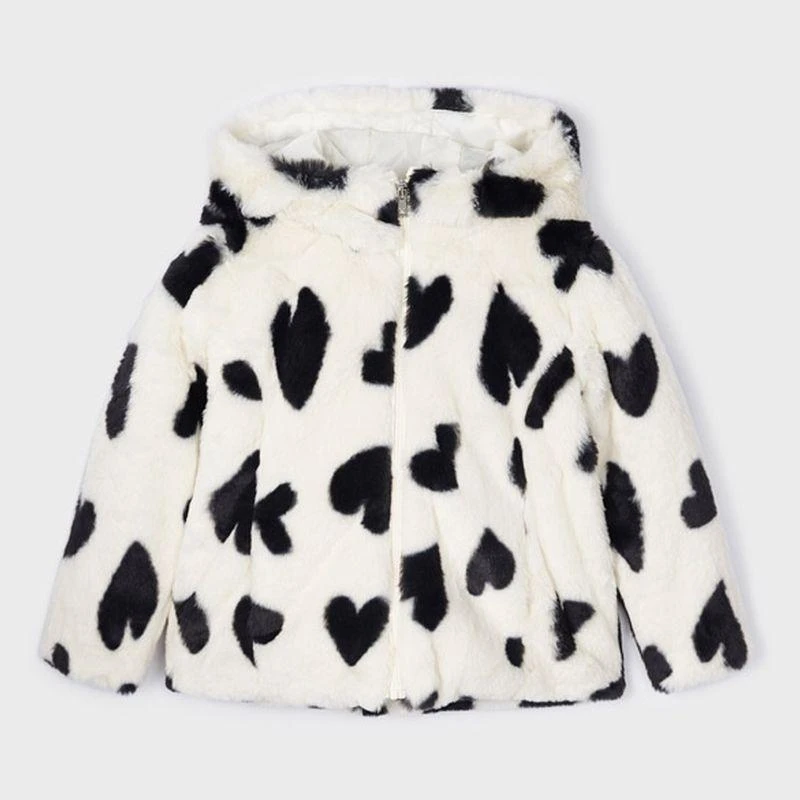 Mayoral Ivory Faux Fur Heart Print Coat 1