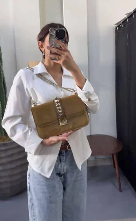 Valentino Valentino Beige Patent Leather Medium Rockstud Glam Lock Shoulder Bag 2
