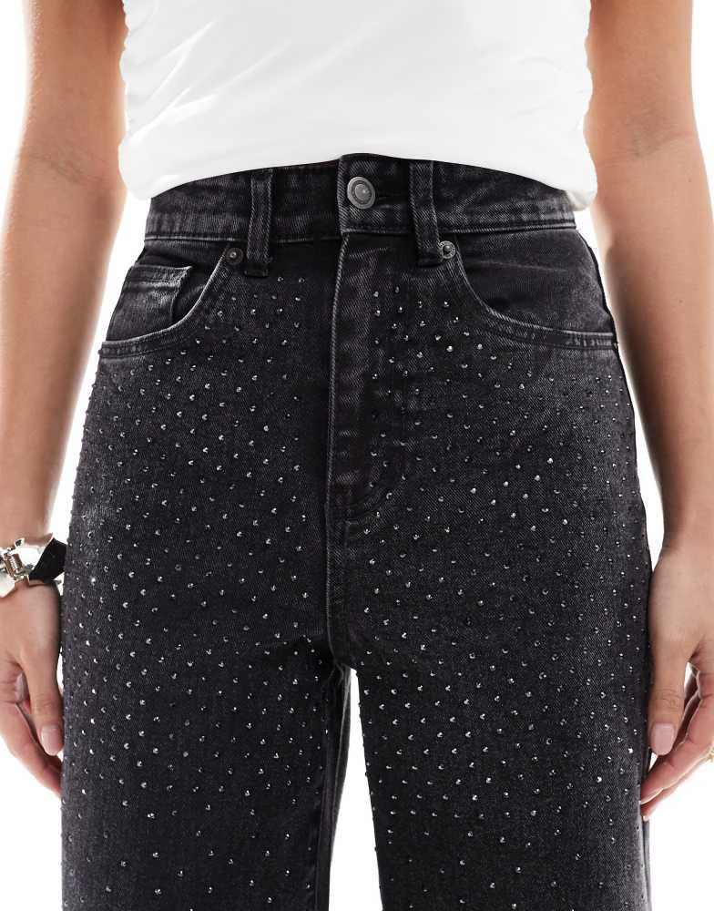 ONLY Petite ONLY Petite Hope wide leg jeans with rhinestones in washed black 5