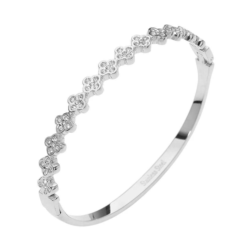 FASHNZFAB Stainless Steel CZ Pave Quatrefoil Station Hinged Bangle Bracelet 2