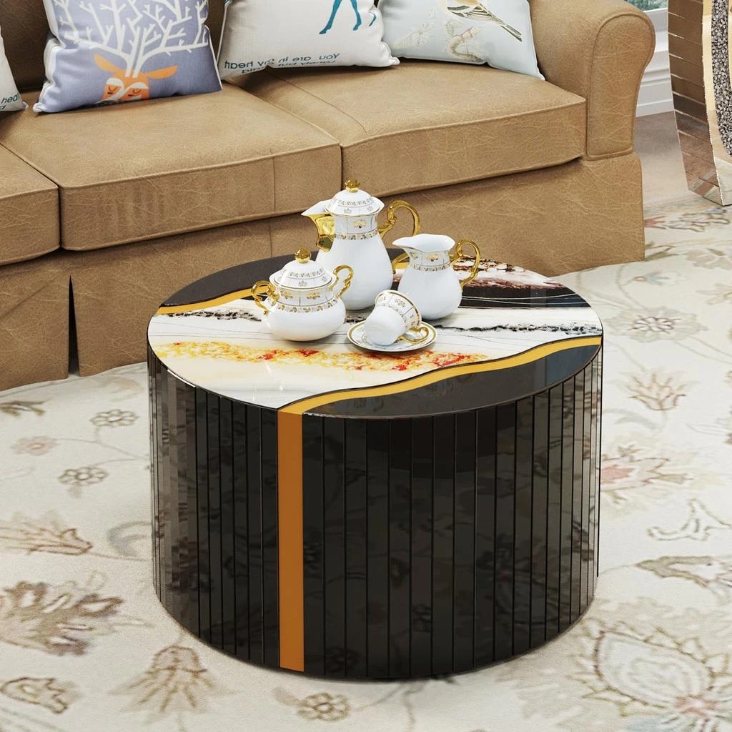 Streamdale Furniture Streamdale Black gold round mirror coffee table with marble pattern sticker side table.