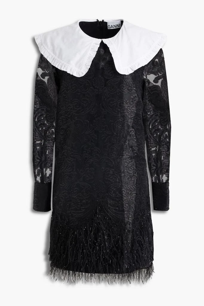 Ganni Faux feather-embellished brocade mini dress 1