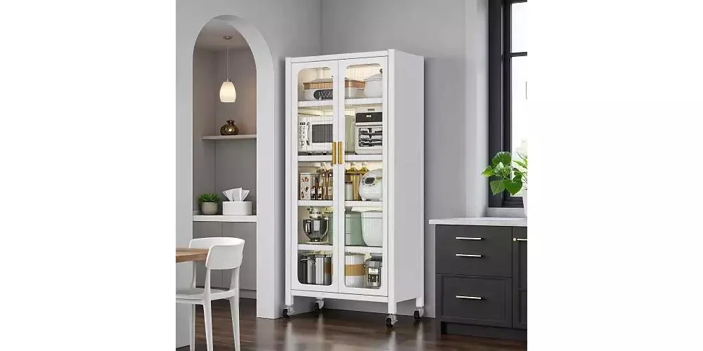 Flynama 65inch Kitchen Pantry Storage Cabinet 6 Tier Metal Display Cabinet with Transparent Door Adjustable Shelves Wheels White 11
