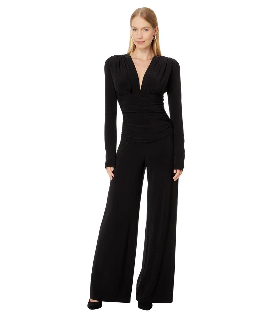 Norma Kamali V-Neck Long Sleeve Shirred Waist Jumpsuit with Shoulder Pads 1