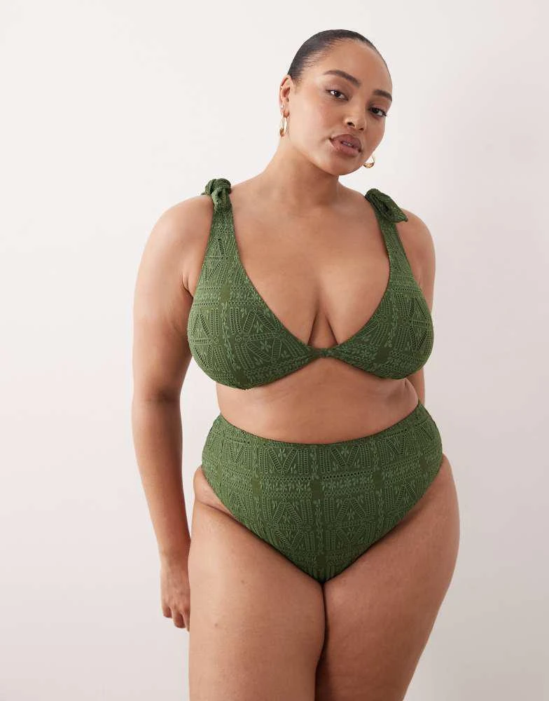 ASOS ASOS DESIGN Curve Kyle broderie twist front crop bikini top in olive 3