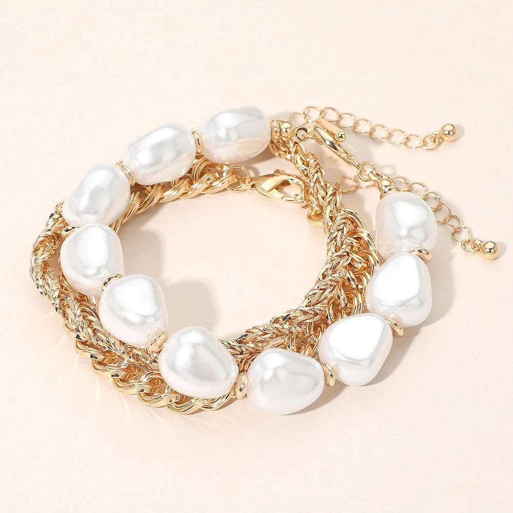 FASHNZFAB 3PCS - Bold Chunky Pearl Beaded Chain Multi Layered Bracelets 2