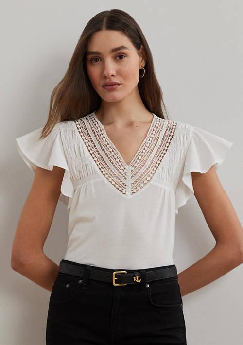 Ralph Lauren Ralph Lauren Lace Trim Jersey Flutter Sleeve T Shirt