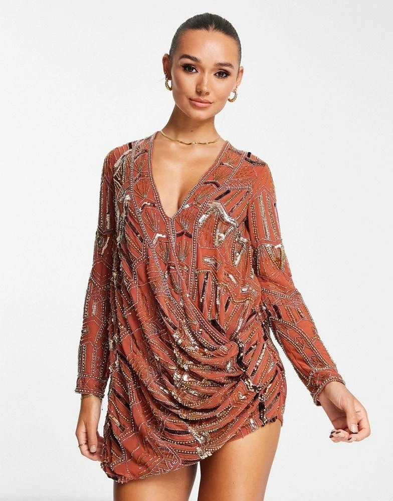 ASOS ASOS DESIGN embellished shift mini dress with drape front detail in rust 1