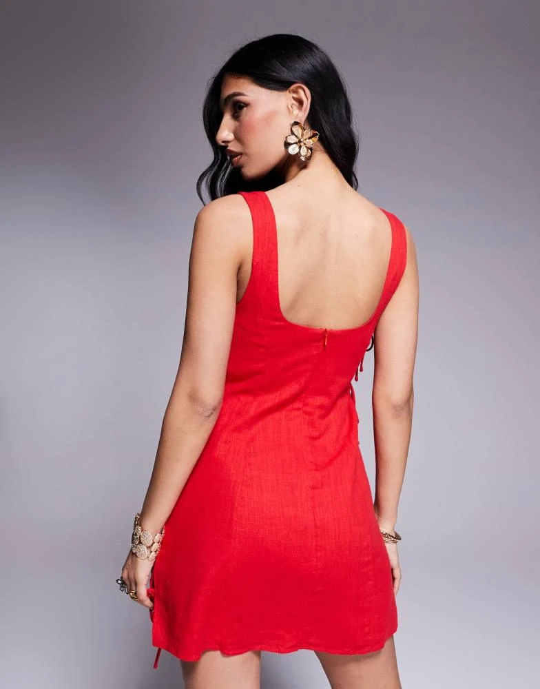 Princess Polly Princess Polly linen look square neck open tie side mini dress in red 2