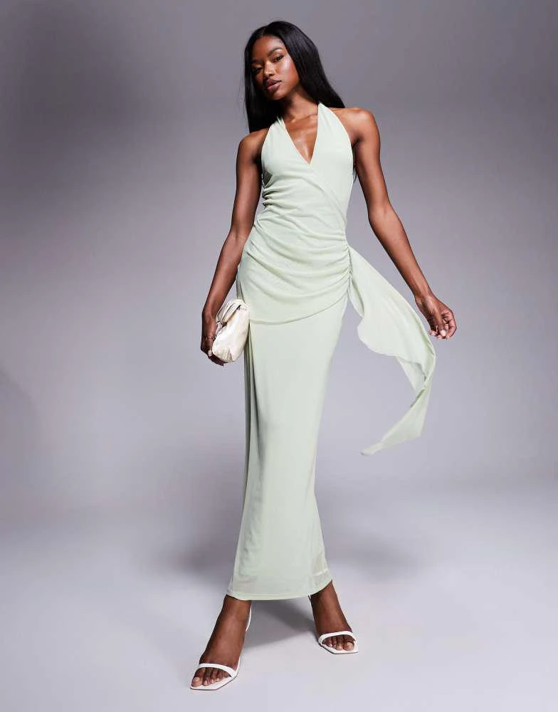 ASOS Design mesh halterneck midi dress with sweeping sash skirt in sage green-No color