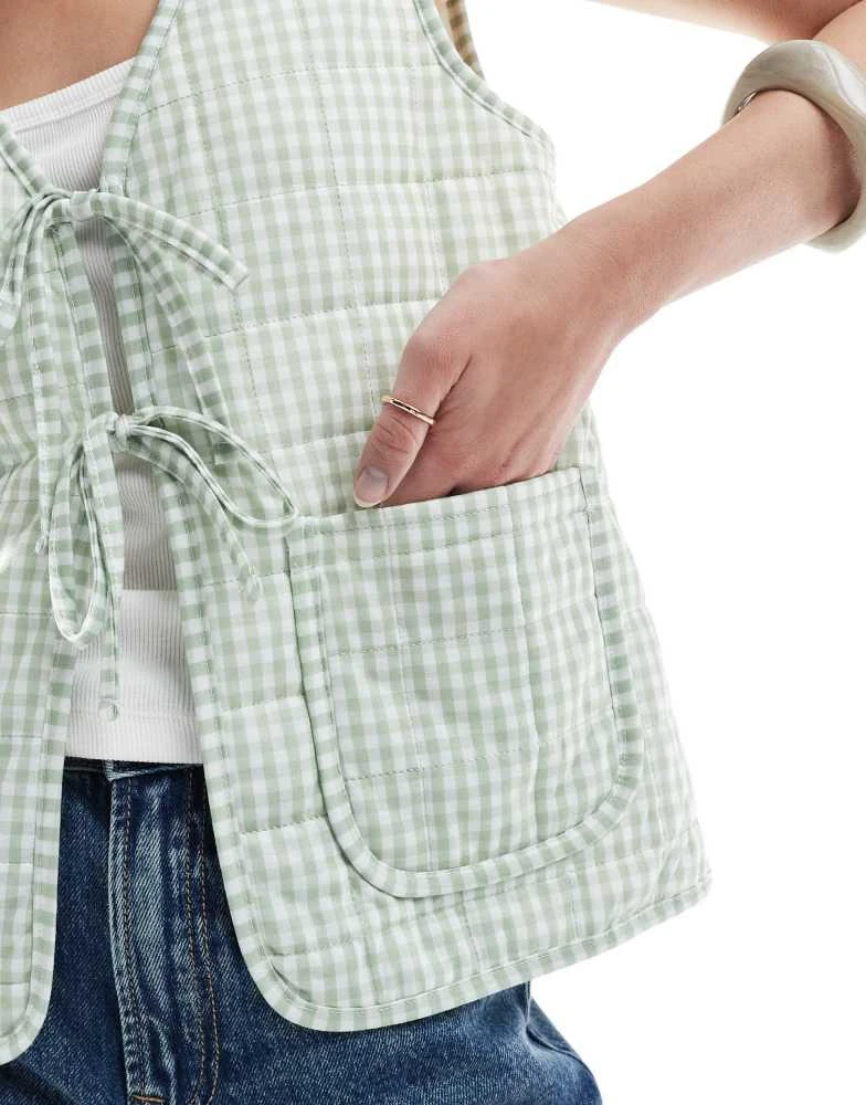 ONLY ONLY tie front quilted gilet in sage gingham check 4
