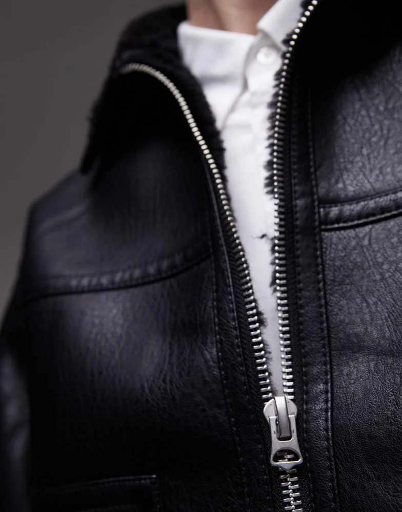 Topman Topman faux leather shearling jacket with pocket detail in black 4