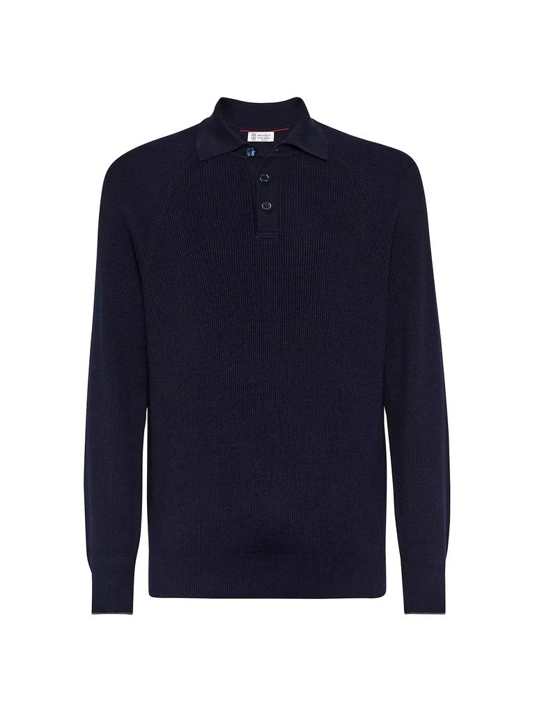Brunello Cucinelli Cotton English Rib Knit Polo with Long Raglan Sleeves 1