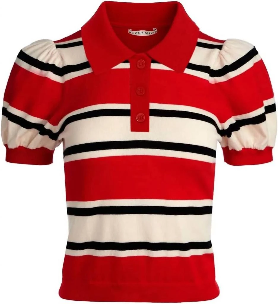 Alice + Olivia Ramona Striped Polo Shirt Pullover In Perfect Ruby Multi 2