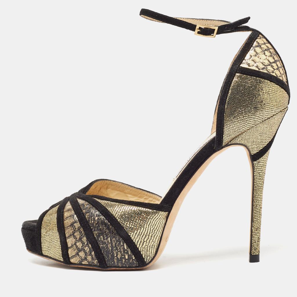 Jimmy Choo Jimmy Choo Black Suede and Gold Python Leather Kalpa Ankle Strap Sandals Size 39.5