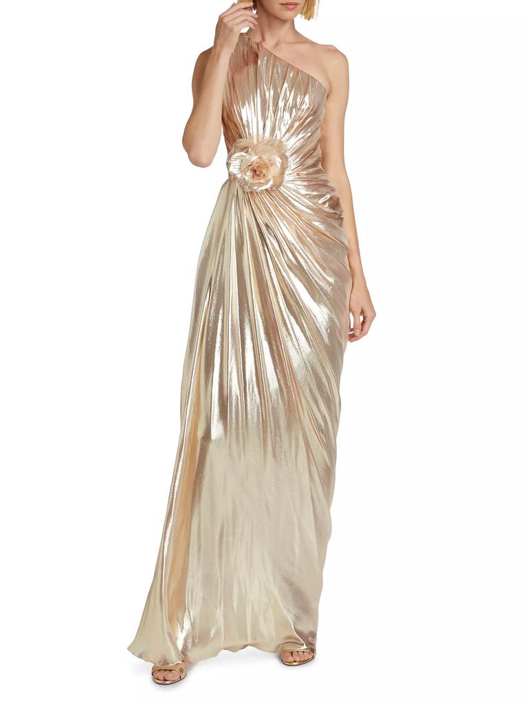 Pamella Roland Metallic Chiffon One-Shoulder Gown