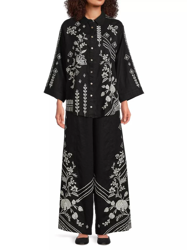 Johnny Was Seamed Embroidered Linen Pants 2
