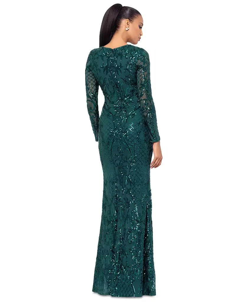 Betsy & Adam Petite Sequinned Mesh-Sleeve Evening Gown 2