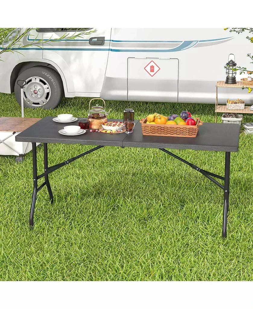 Costway 5 ft Folding Picnic Table Outdoor Dining Table with Rattan Grain HDPE Tabletop 2