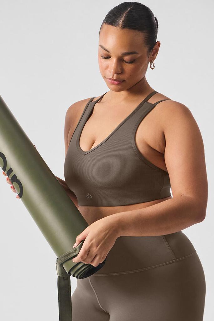 Alo Airlift Ribbed Jump Start V-Neck Bra - Olive Tree - Lingerie